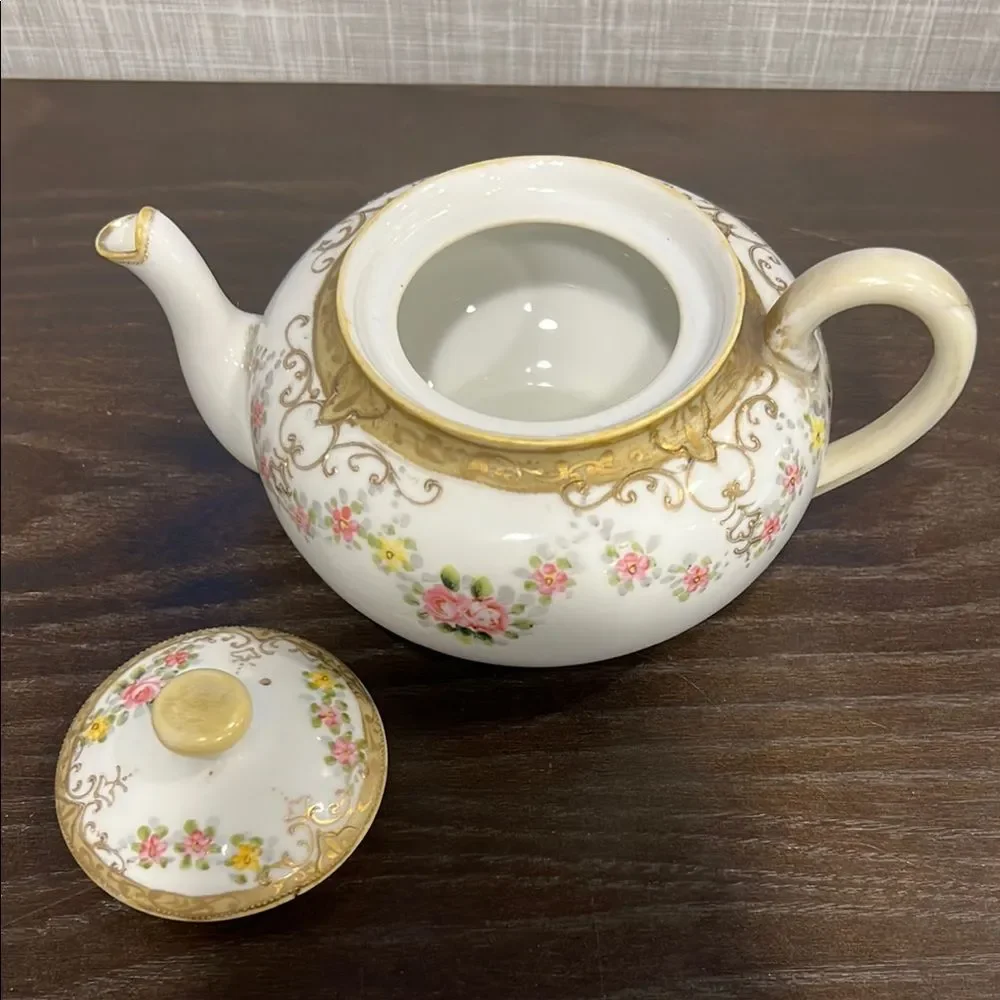Antique Noritake Nippon Maple Leaf Teapot 1891 Hand Painted Gold Pink Roses
